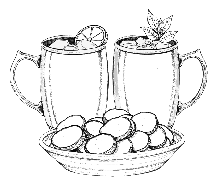 Pencil drawing of two Moscow mules and a bowl of fried pickle chips